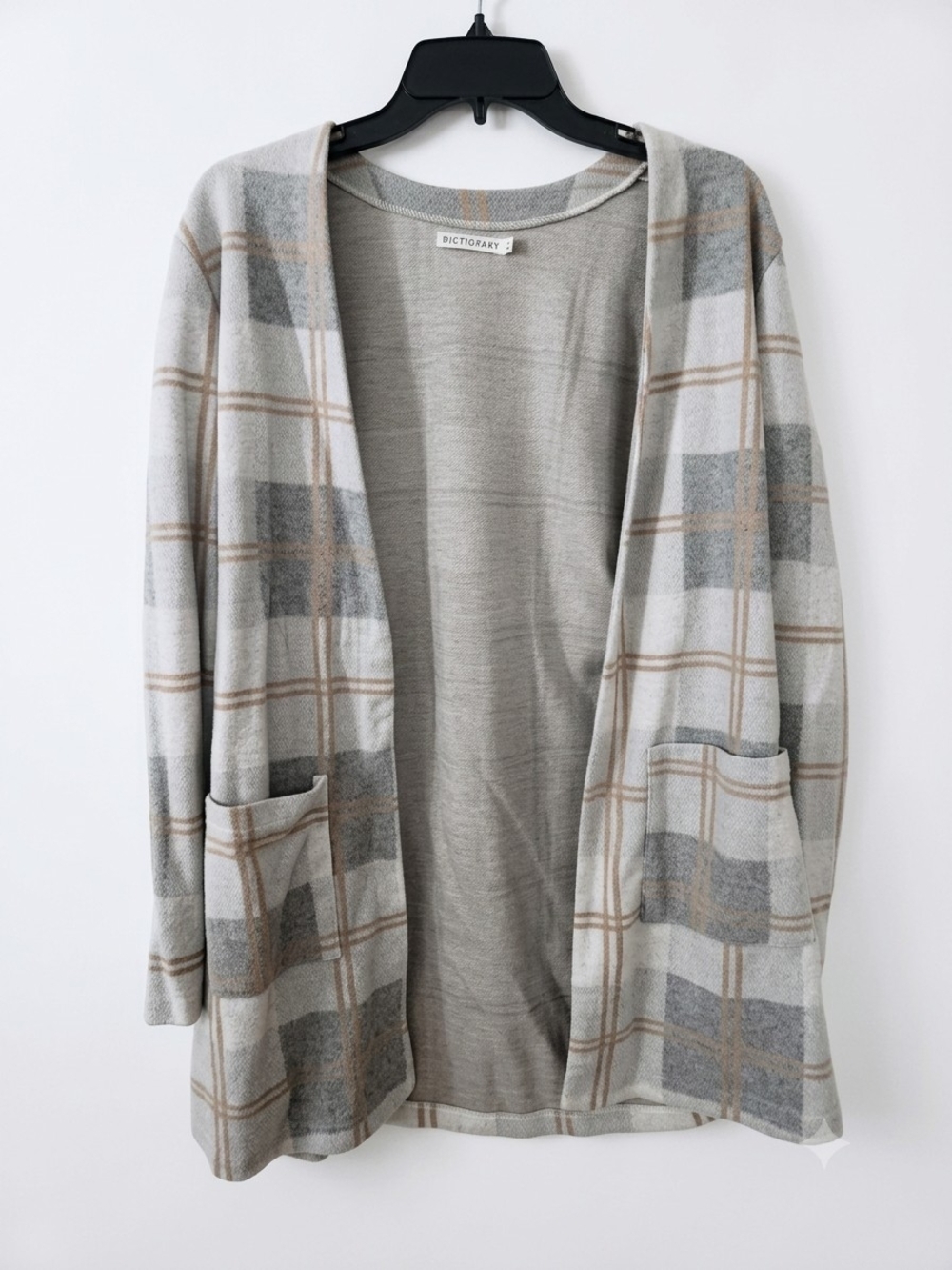 Open-Front Plaid Cardigan Sweater - Gray/Cream
